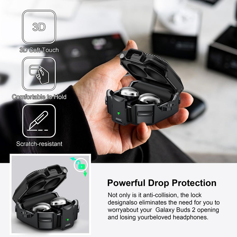 RFUNGUANGO for Samsung Galaxy Buds 2 Pro/Buds Pro/Buds Live/Buds 2 Case Cover/Galaxy Buds FE (2023), Military Carbon Fiber case with Keychain/Zipper/with Cleaner Kit(Anti-Drop Lock)-Black - Image 3