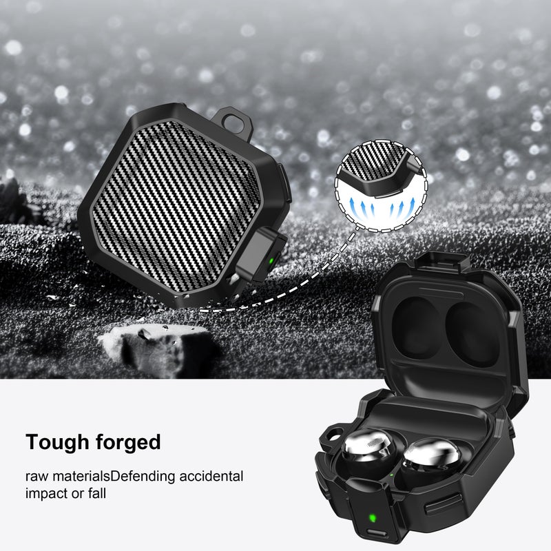 RFUNGUANGO for Samsung Galaxy Buds 2 Pro/Buds Pro/Buds Live/Buds 2 Case Cover/Galaxy Buds FE (2023), Military Carbon Fiber case with Keychain/Zipper/with Cleaner Kit(Anti-Drop Lock)-Black - Image 4