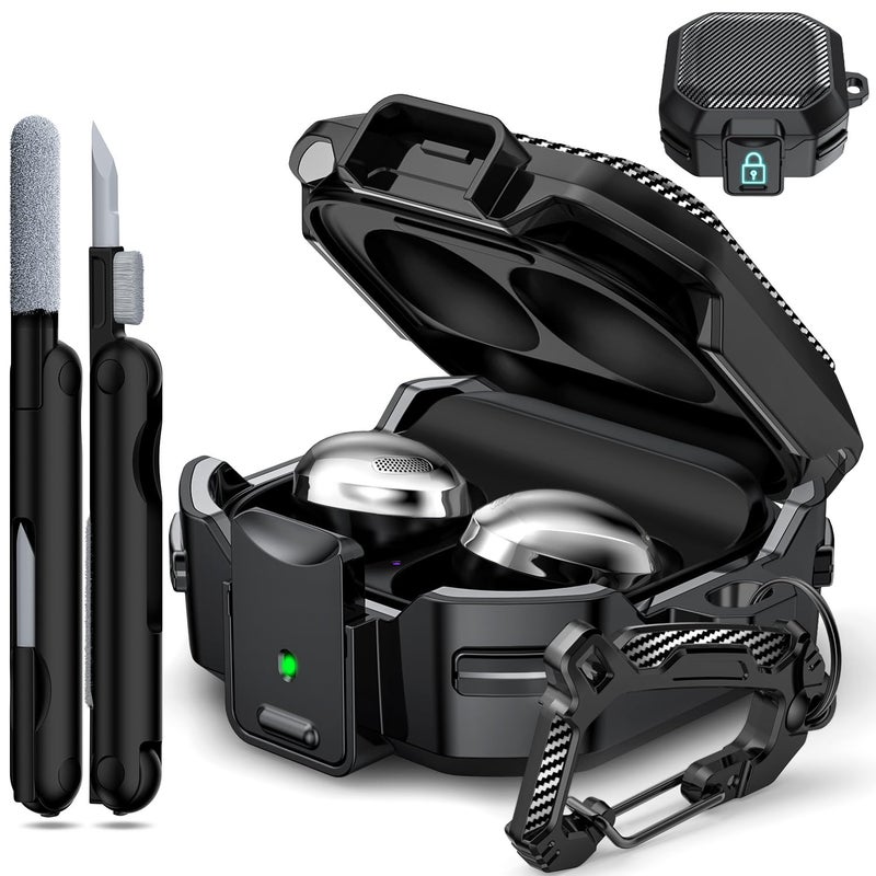 RFUNGUANGO for Samsung Galaxy Buds 2 Pro/Buds Pro/Buds Live/Buds 2 Case Cover/Galaxy Buds FE (2023), Military Carbon Fiber case with Keychain/Zipper/with Cleaner Kit(Anti-Drop Lock)-Black - Image 1