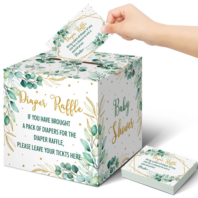 Teling 51 Pieces Diaper Raffle Tickets with Card Box Baby Shower Decorations Baby Shower Holder Box for Girl Boy Diaper Raffle Party(Green Leaf Style) - Image 1