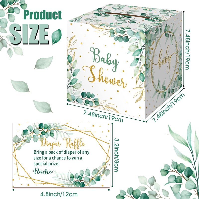 Teling 51 Pieces Diaper Raffle Tickets with Card Box Baby Shower Decorations Baby Shower Holder Box for Girl Boy Diaper Raffle Party(Green Leaf Style) - Image 4