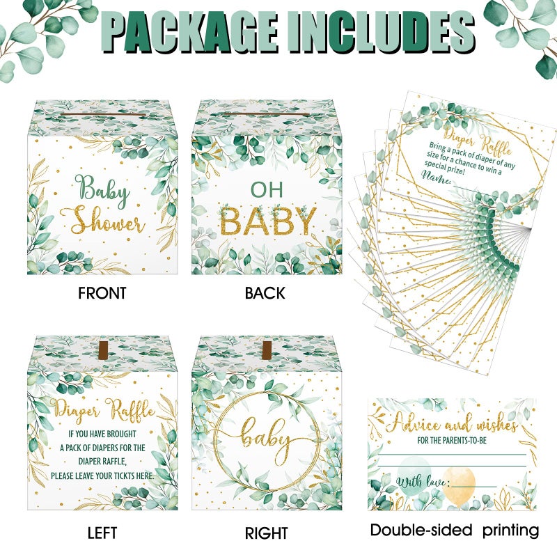 Teling 51 Pieces Diaper Raffle Tickets with Card Box Baby Shower Decorations Baby Shower Holder Box for Girl Boy Diaper Raffle Party(Green Leaf Style) - Image 3