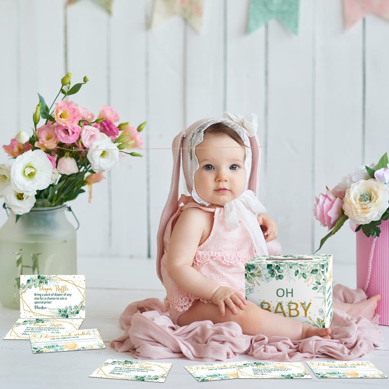 Teling 51 Pieces Diaper Raffle Tickets with Card Box Baby Shower Decorations Baby Shower Holder Box for Girl Boy Diaper Raffle Party(Green Leaf Style) - Image 5