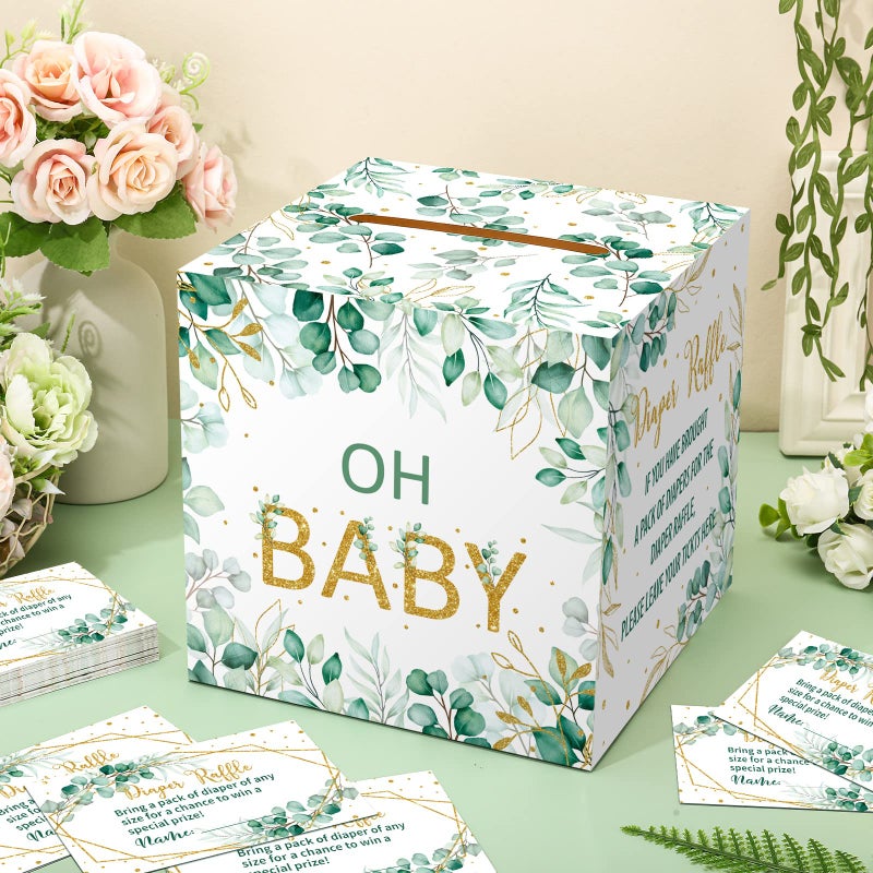 Teling 51 Pieces Diaper Raffle Tickets with Card Box Baby Shower Decorations Baby Shower Holder Box for Girl Boy Diaper Raffle Party(Green Leaf Style) - Image 2
