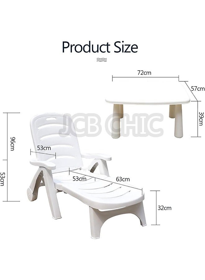 JCB CHIC Sunlounger set, White Plastic Sun Lounger and Table for Beach, Yard, Patio, Pool, Deck Foldable Outdoor Lounge Chair with Adjustable Backrest, Portable Sun Tanning Chair (Table, White) - Image 2