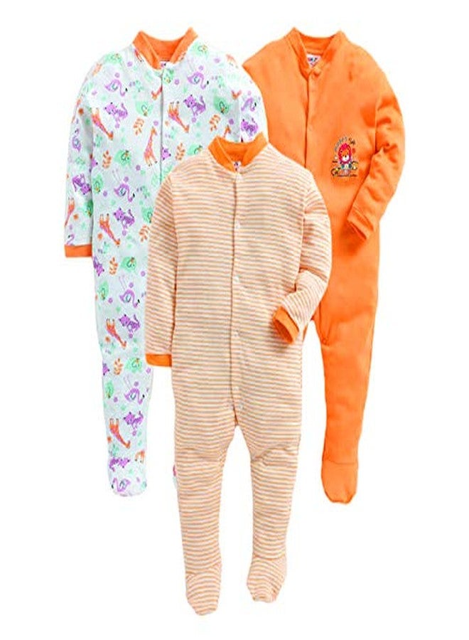 EIO� 100% Cotton Rompers/Sleep Suits/Jumpsuit/Night Suits for Baby Boys & Girls, Infants, New Born Pack of 3 (12-18 Months, Orange)