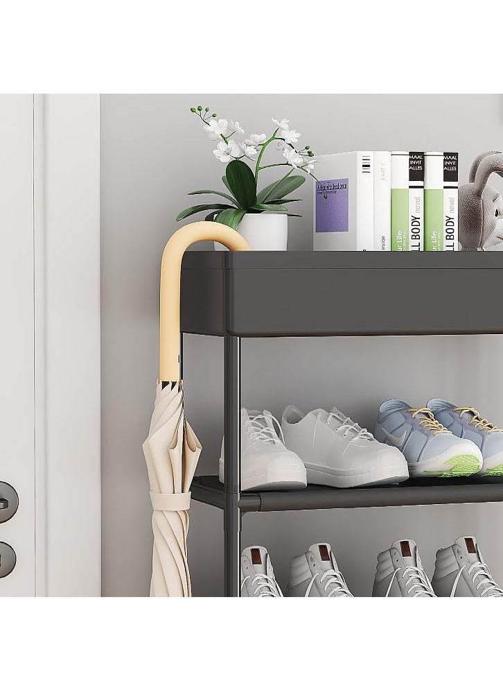 DWELLIT DWELLIT Multipurpose Shoe Rack with Open Storage Basket at top Modern Storage Rack Perfect for Home and Office Black 4 Fabric Shelves with Storage Basket at top Baked Paint Tube Frame 5 Tier  - Image 2