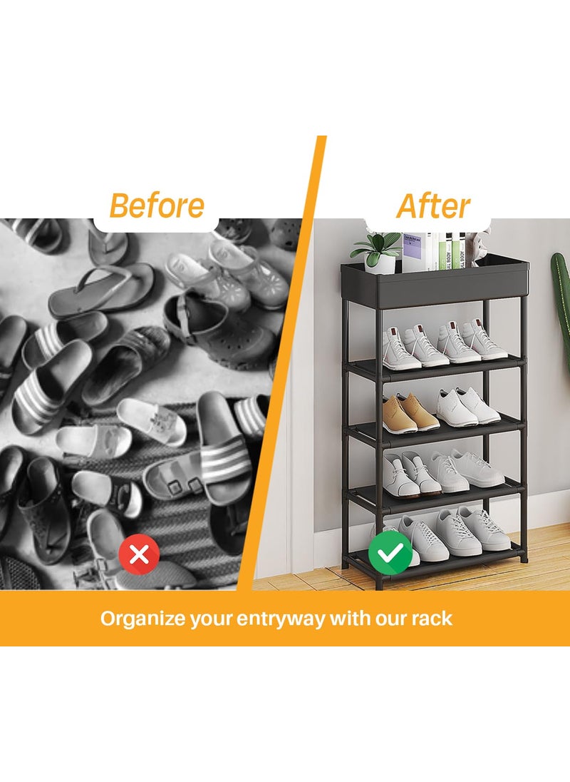 DWELLIT DWELLIT Multipurpose Shoe Rack with Open Storage Basket at top Modern Storage Rack Perfect for Home and Office Black 4 Fabric Shelves with Storage Basket at top Baked Paint Tube Frame 5 Tier  - Image 3