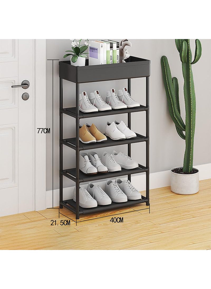 DWELLIT DWELLIT Multipurpose Shoe Rack with Open Storage Basket at top Modern Storage Rack Perfect for Home and Office Black 4 Fabric Shelves with Storage Basket at top Baked Paint Tube Frame 5 Tier  - Image 4
