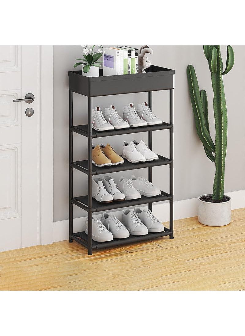 DWELLIT DWELLIT Multipurpose Shoe Rack with Open Storage Basket at top Modern Storage Rack Perfect for Home and Office Black 4 Fabric Shelves with Storage Basket at top Baked Paint Tube Frame 5 Tier  - Image 1