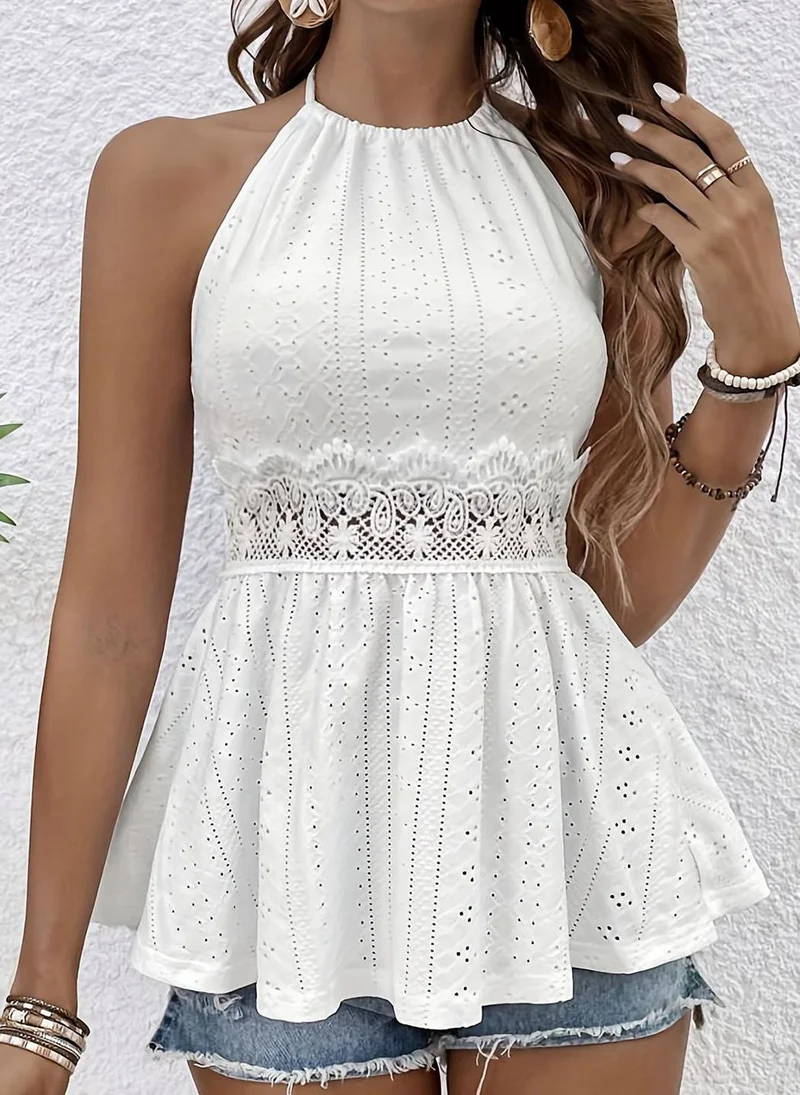 YUNIQEE White Halter Neck Sleeveless Self Design Top