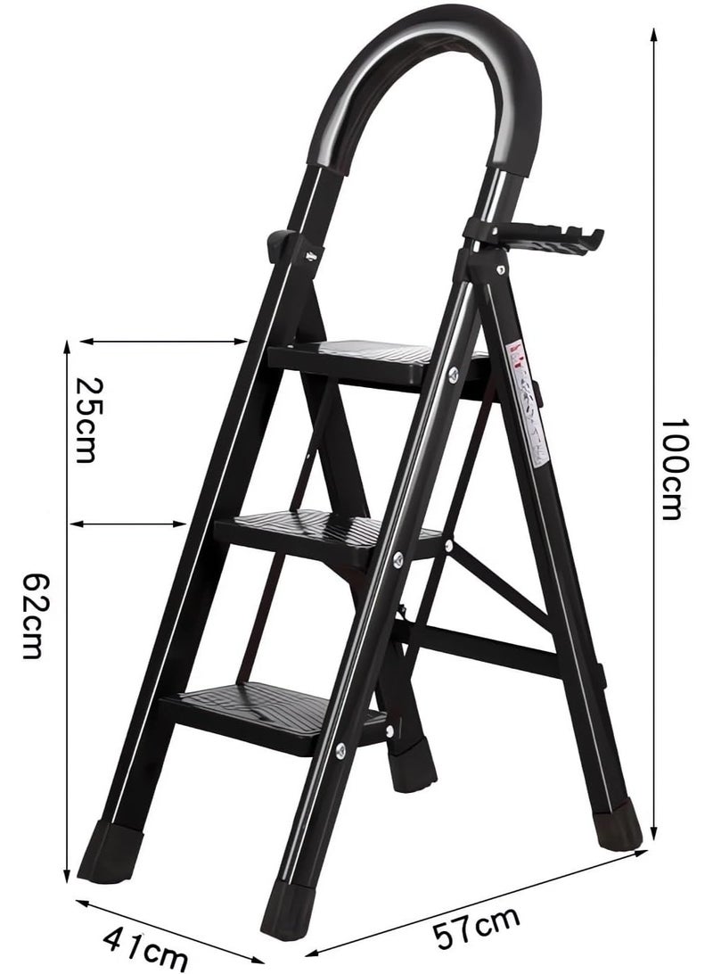 NANAO Foldable 3 Step Ladder, Steel Folding Step Stool with Tool Rack, Home Ladder with Wide Anti-Slip Pedal, Multi Purpose Portable Ladder for Home,Office,Kitchen,Garden (3 Step Ladder) - Image 2
