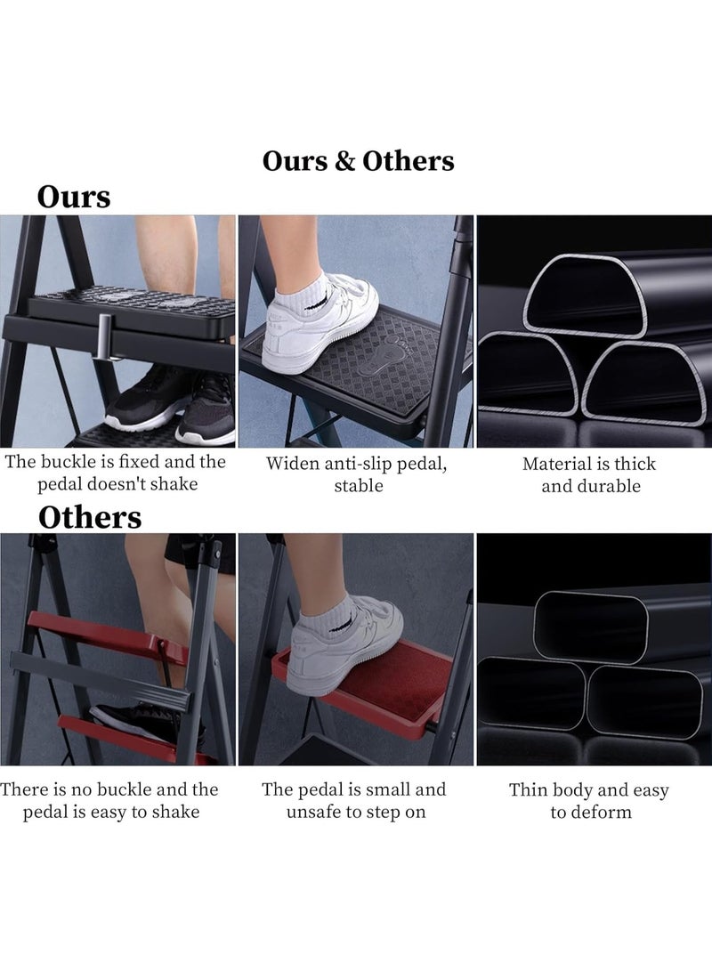 NANAO Foldable 3 Step Ladder, Steel Folding Step Stool with Tool Rack, Home Ladder with Wide Anti-Slip Pedal, Multi Purpose Portable Ladder for Home,Office,Kitchen,Garden (3 Step Ladder) - Image 5