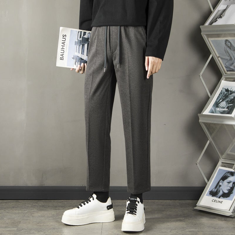 College Style Student Drawstring Nine-Point Casual Pants Boys Small Trousers Slim-Fit Straight Casual Pants Men'S Black Pants - Image 1