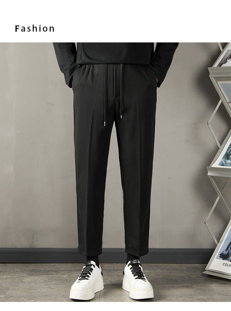 College Style Student Drawstring Nine-Point Casual Pants Boys Small Trousers Slim-Fit Straight Casual Pants Men'S Black Pants - Image 3