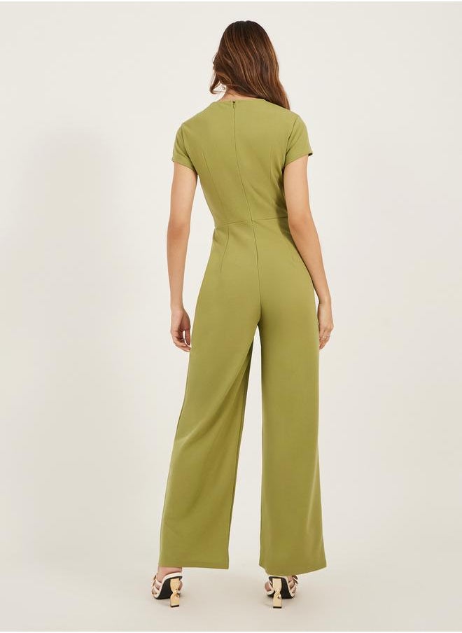Styli Solid V Neck Pleated Wide Leg Jumpsuit  - Image 5