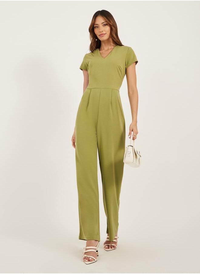 Styli Solid V Neck Pleated Wide Leg Jumpsuit  - Image 2