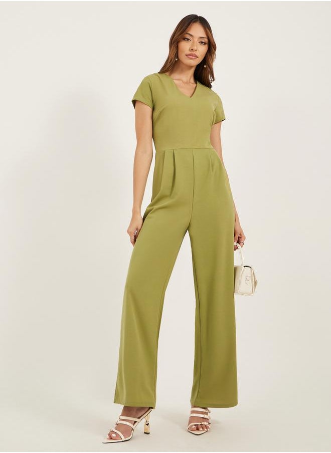 Styli Solid V Neck Pleated Wide Leg Jumpsuit  - Image 1