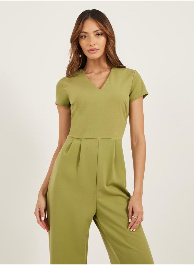Styli Solid V Neck Pleated Wide Leg Jumpsuit  - Image 3
