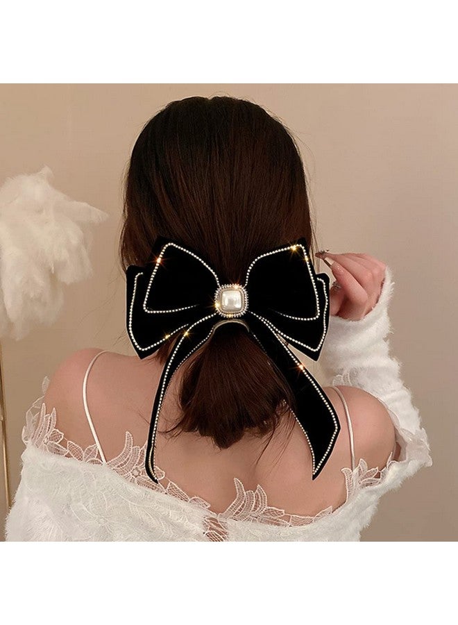 Wiwpar Velvet Black Hair Bow Hair Clips Barrettes Clips Large Bows with Pearl Rhinestone Hair Clip Big Bowknot Barrettes French Style Hair Accessories for Women Girls Halloween Party(Black) - Image 2
