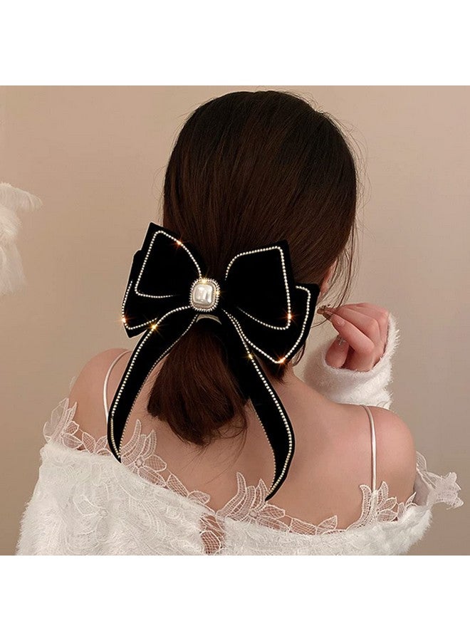Wiwpar Velvet Black Hair Bow Hair Clips Barrettes Clips Large Bows with Pearl Rhinestone Hair Clip Big Bowknot Barrettes French Style Hair Accessories for Women Girls Halloween Party(Black) - Image 3