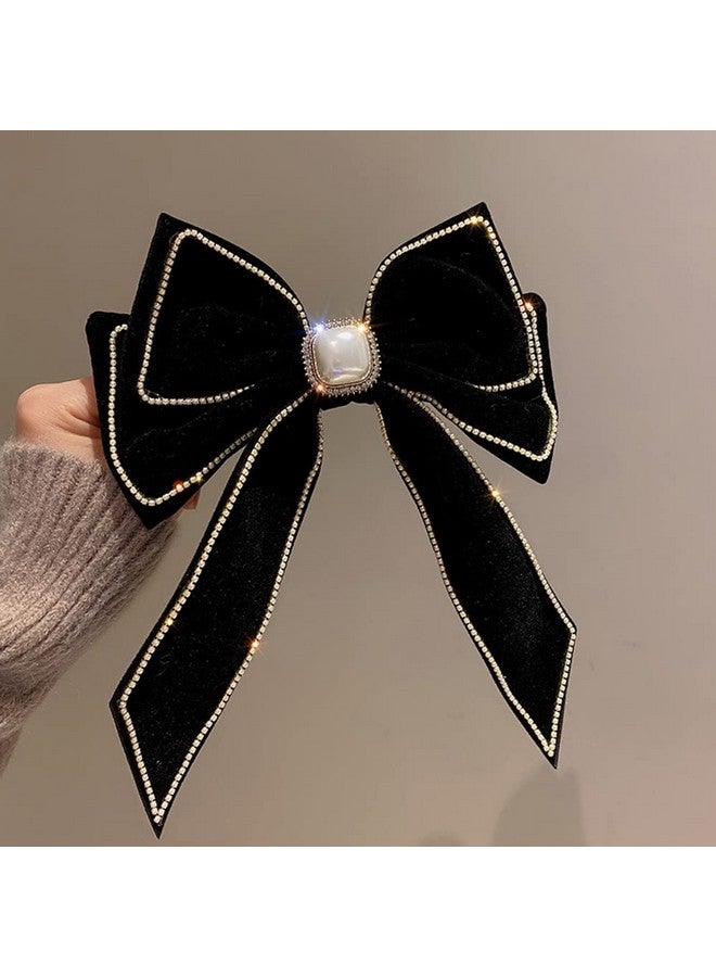 Wiwpar Velvet Black Hair Bow Hair Clips Barrettes Clips Large Bows with Pearl Rhinestone Hair Clip Big Bowknot Barrettes French Style Hair Accessories for Women Girls Halloween Party(Black) - Image 5
