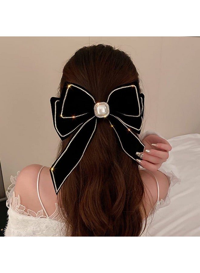 Wiwpar Velvet Black Hair Bow Hair Clips Barrettes Clips Large Bows with Pearl Rhinestone Hair Clip Big Bowknot Barrettes French Style Hair Accessories for Women Girls Halloween Party(Black) - Image 4