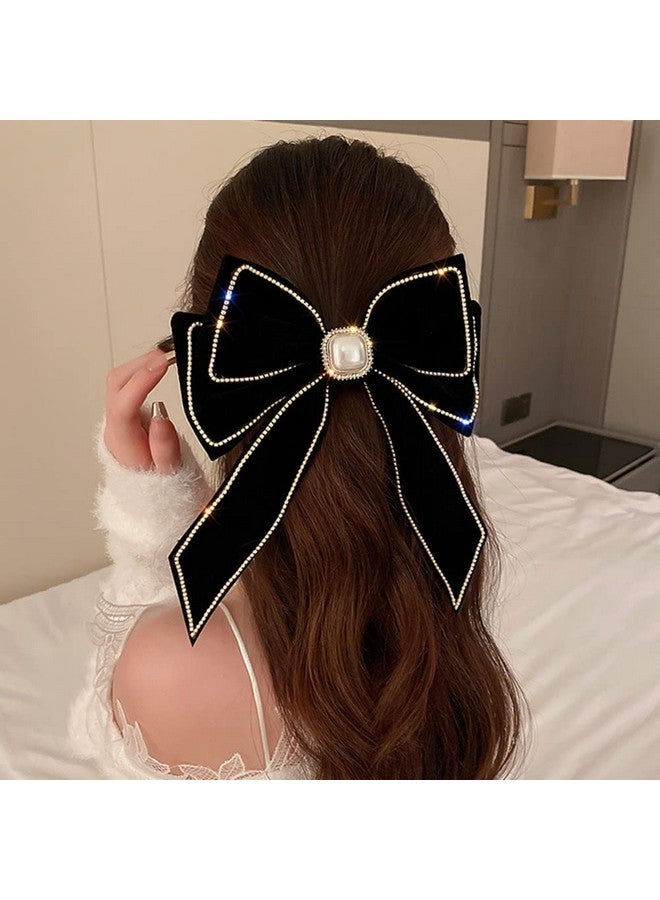 Wiwpar Velvet Black Hair Bow Hair Clips Barrettes Clips Large Bows with Pearl Rhinestone Hair Clip Big Bowknot Barrettes French Style Hair Accessories for Women Girls Halloween Party(Black) - Image 1