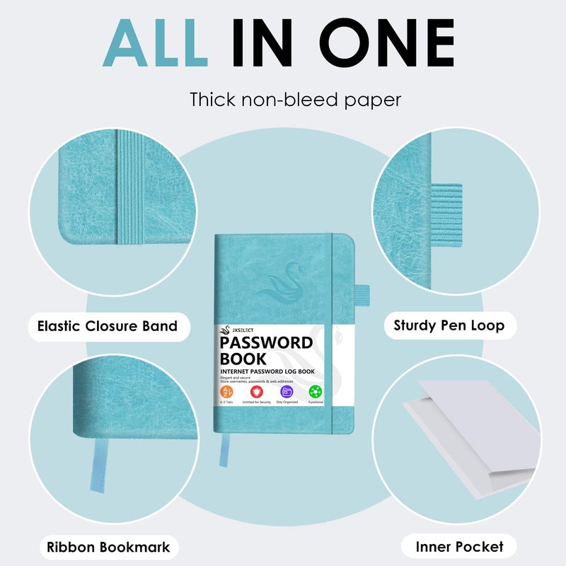 Jxselect Elegant Password Book with Alphabetical Tabs - Hardcover Password Book for Internet Website Address Login - 5.2" x 7.6" Password Keeper and Organizer w/Notes Section & Back Pocket (Turquoise) - Image 4