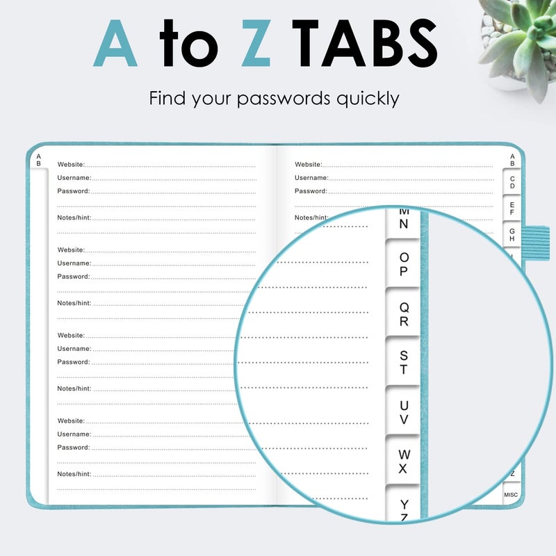 Jxselect Elegant Password Book with Alphabetical Tabs - Hardcover Password Book for Internet Website Address Login - 5.2" x 7.6" Password Keeper and Organizer w/Notes Section & Back Pocket (Turquoise) - Image 3