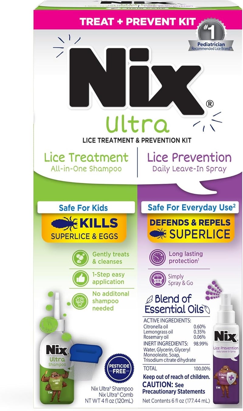 Nix Lice Treatment & Prevention Kit, All-in-One Shampoo, 4 fl oz, with Lice Removal Comb and Lice Prevention Daily Leave-in Spray, 6 fl oz