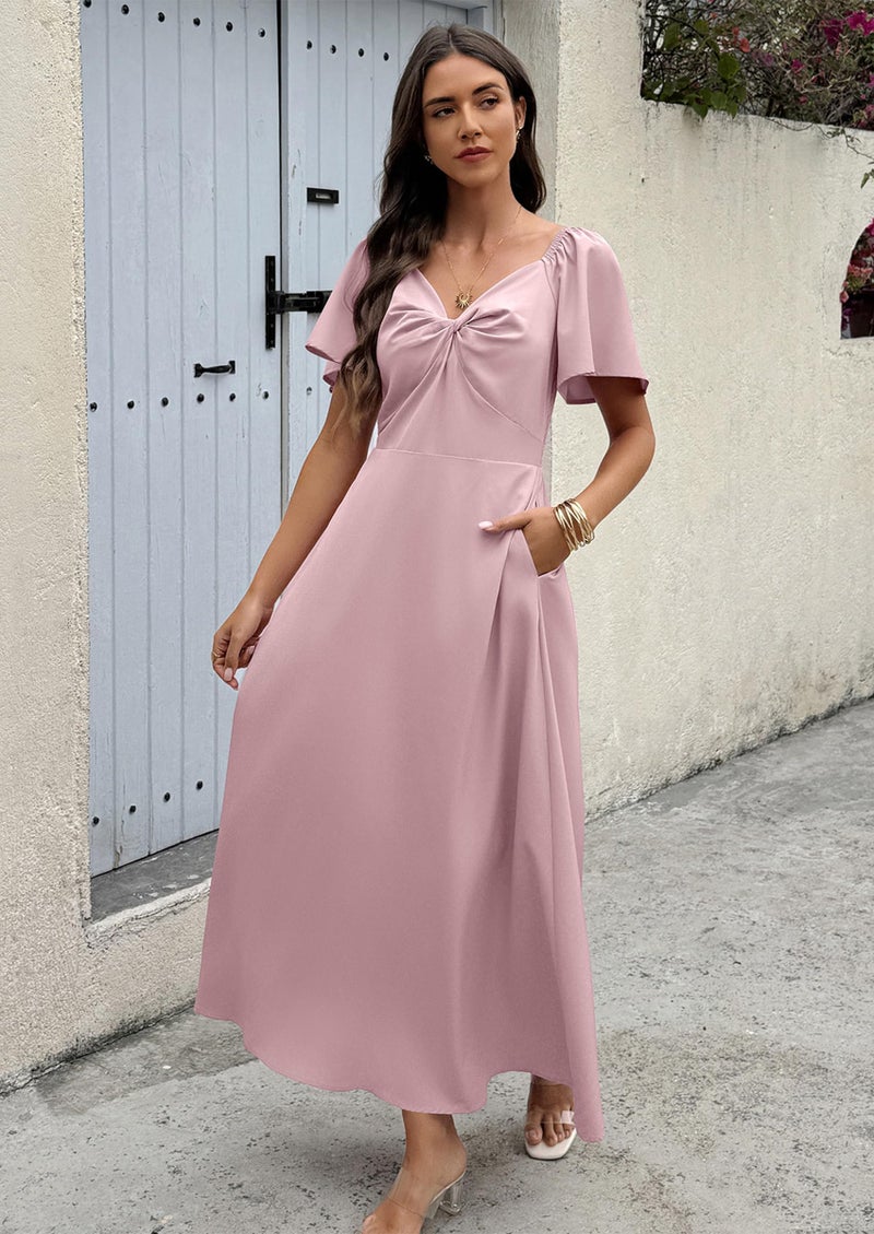 ECOWISH Womens Summer Maxi Dresses: 2026 Casual Flutter Short Sleeve Twist Front Long Flowy Wedding Guest Dress with Pockets 482Pink S - Image 3