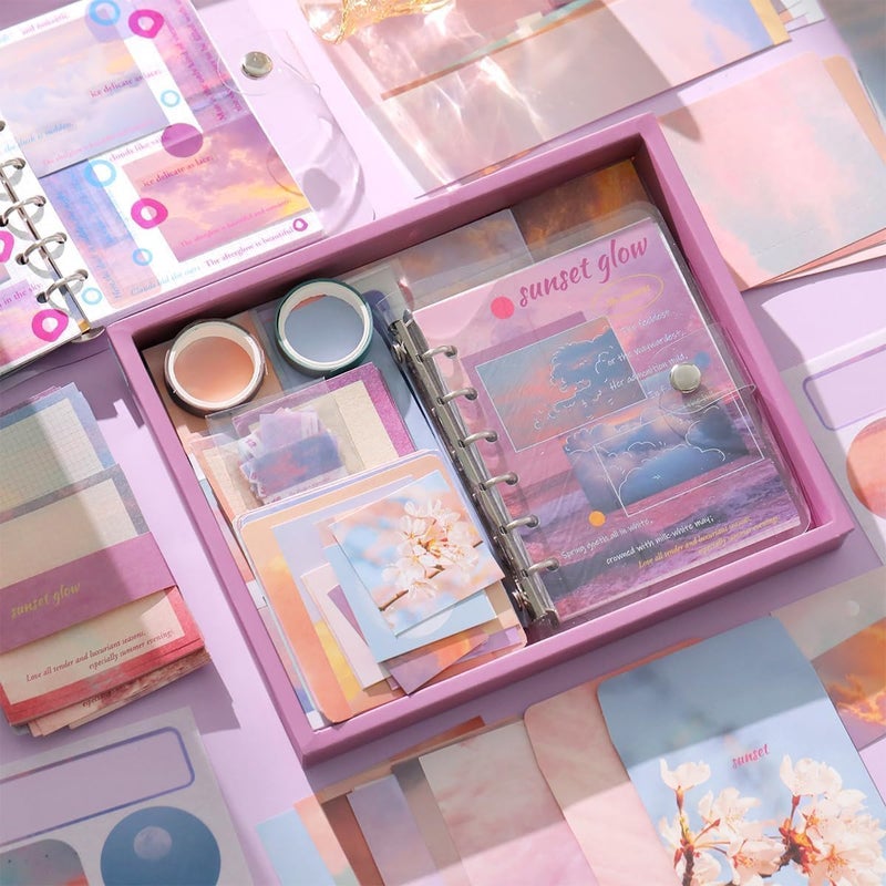 GLADBACK (346Pcs Paper Junk Journal & Scrapbook Kit with Creative Decor Journaling Supplies, Stationery, Stickers, A6 Grid Notebook with Graph Ruled Page Gift for Girl (Sunset Glow Dark Scrapbook) - Image 5