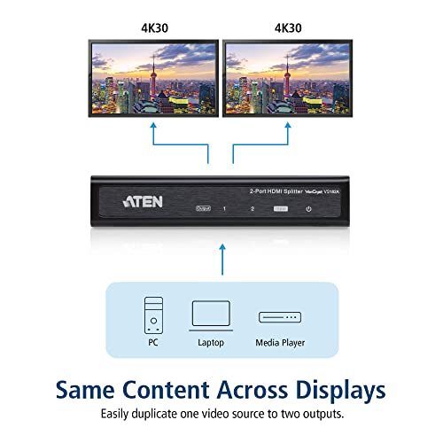 Aten موزع HDMI ATEN VS182A 2 مخرج 2-منفذ 4K 1 في توصيل الكمبيوتر والكاميرا وجهاز DVD ومشغل الوسائط إلى ما يصل إلى 2 شاشة HDMI جهاز عرض شاشة تلفاز - حتى 4096 × 2160/3840 × 2160 60Hz - معدني - Image 4
