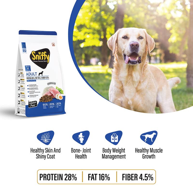 Sniffy Adult Dry Dog Food - 3kg | Real Chicken & Egg, Power Packed High Protein Diet for All Breeds | Gluten Free Food for Dogs - Image 4