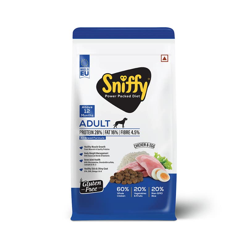 Sniffy Adult Dry Dog Food - 3kg | Real Chicken & Egg, Power Packed High Protein Diet for All Breeds | Gluten Free Food for Dogs - Image 1