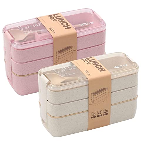 Rarapop 2 Pack Stackable Bento Box Japanese Lunch Box Kit with Spoon & Fork, 3-In-1 Compartment Wheat Straw Meal Prep Containers for Kids & Adults (Pink/Beige) - Image 1