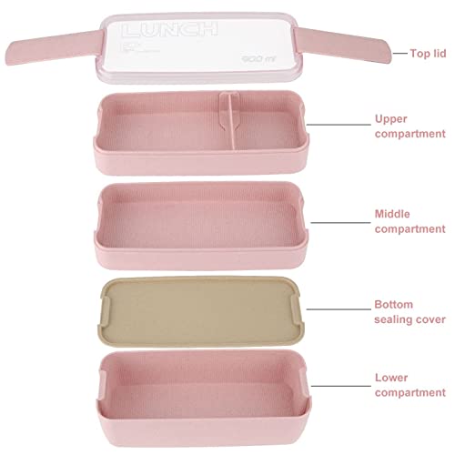 Rarapop 2 Pack Stackable Bento Box Japanese Lunch Box Kit with Spoon & Fork, 3-In-1 Compartment Wheat Straw Meal Prep Containers for Kids & Adults (Pink/Beige) - Image 2