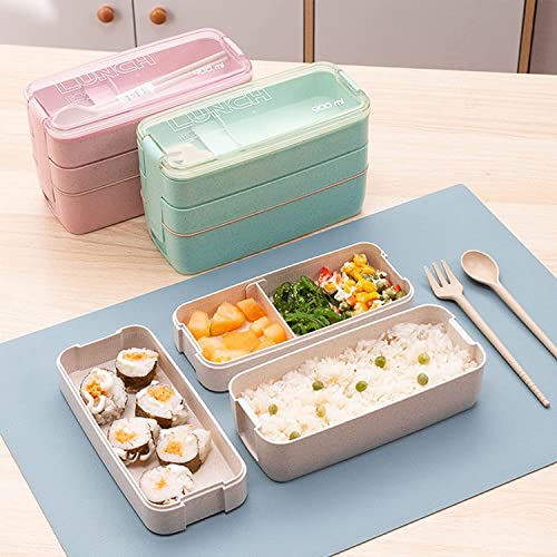 Rarapop 2 Pack Stackable Bento Box Japanese Lunch Box Kit with Spoon & Fork, 3-In-1 Compartment Wheat Straw Meal Prep Containers for Kids & Adults (Pink/Beige) - Image 4