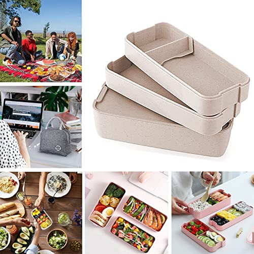 Rarapop 2 Pack Stackable Bento Box Japanese Lunch Box Kit with Spoon & Fork, 3-In-1 Compartment Wheat Straw Meal Prep Containers for Kids & Adults (Pink/Beige) - Image 5