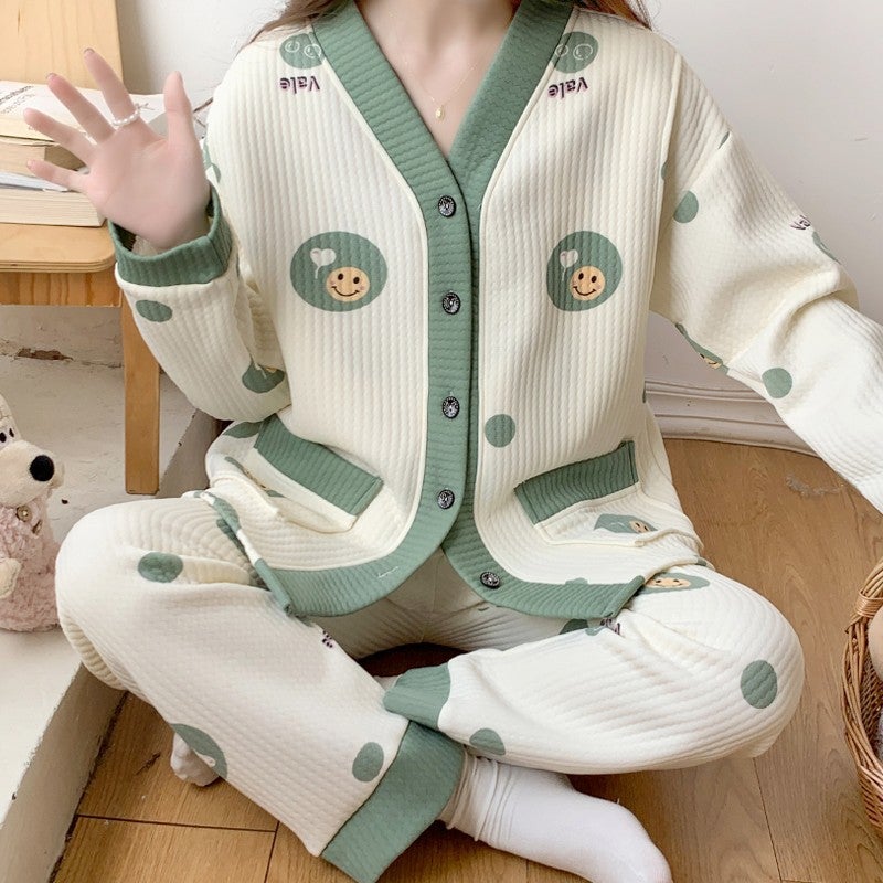 Thick Cotton Maternity Nursing Pajama Set 986 dot smiley face 