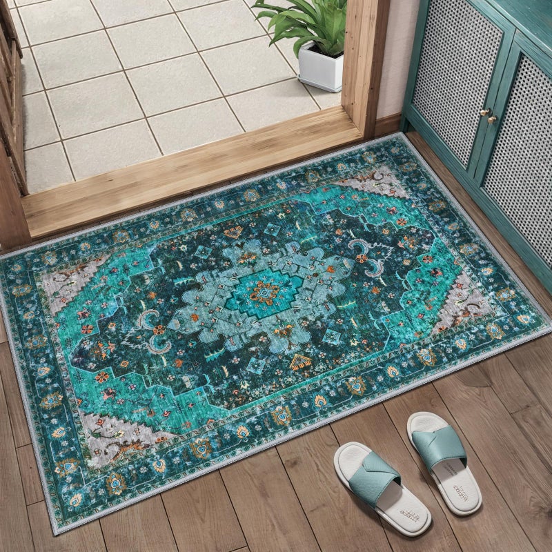 Ciicool Washable Area Rug 2x3ft Small Boho Rug, Teal Rugs for Entryway Non-Slip Entry Rugs Low-Pile Door Mat Floor Accent Carpet for Entrance Bedroom Kitchen Bathroom Foyer Decor - Image 1