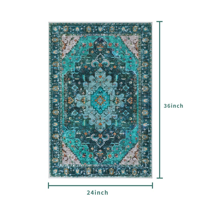 Ciicool Washable Area Rug 2x3ft Small Boho Rug, Teal Rugs for Entryway Non-Slip Entry Rugs Low-Pile Door Mat Floor Accent Carpet for Entrance Bedroom Kitchen Bathroom Foyer Decor - Image 2