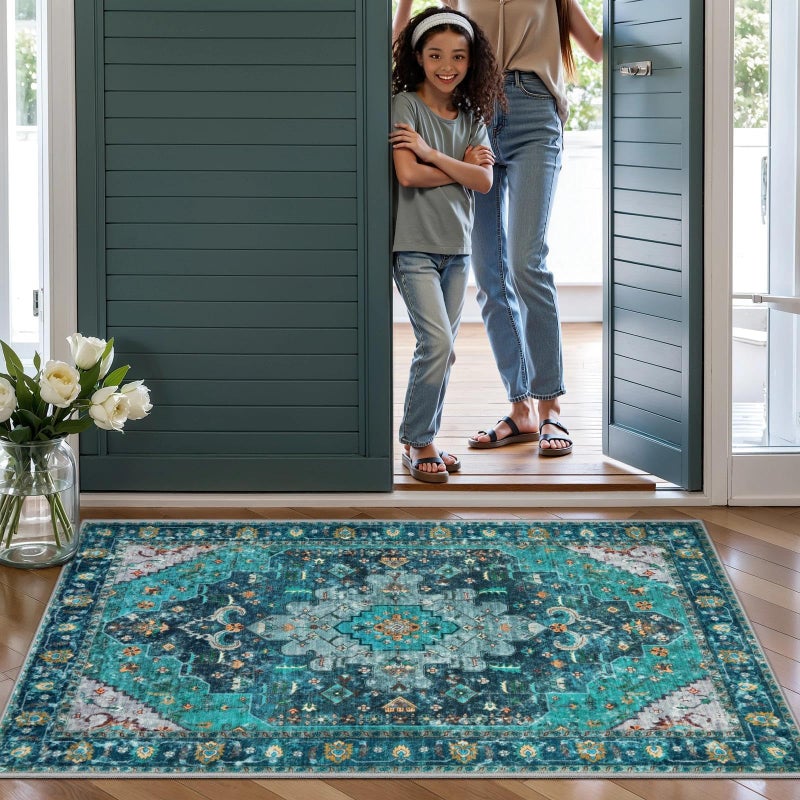 Ciicool Washable Area Rug 2x3ft Small Boho Rug, Teal Rugs for Entryway Non-Slip Entry Rugs Low-Pile Door Mat Floor Accent Carpet for Entrance Bedroom Kitchen Bathroom Foyer Decor - Image 3