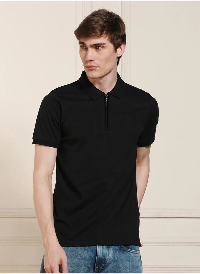 Dennis Lingo Single Jersey Regular Fit Polo with Half Zip Placket by Styli