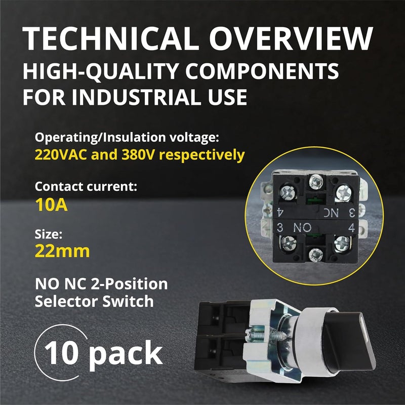 SHOPCORP Rotary Switch - 2-Position Selector Switch Maintained - 22mm Mounting Hole - Electric NO NC Latching Switch - 220VAC Voltage and 10A Contact Current - (10 Pack) - Image 4