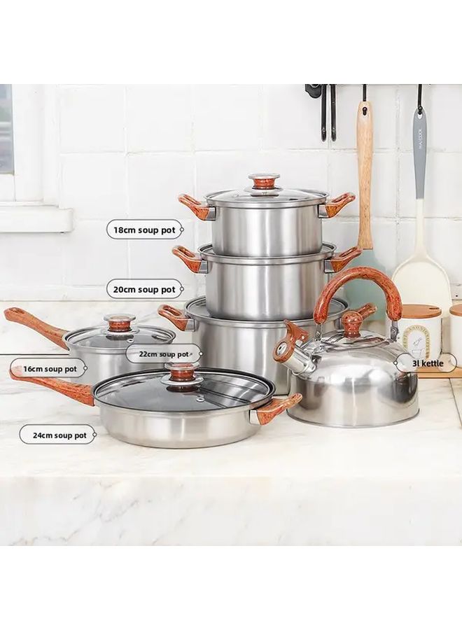 6 Piece Stainless Nonstick Cookware Set With Wood Grain Handle And Kettle For Induction - Image 2