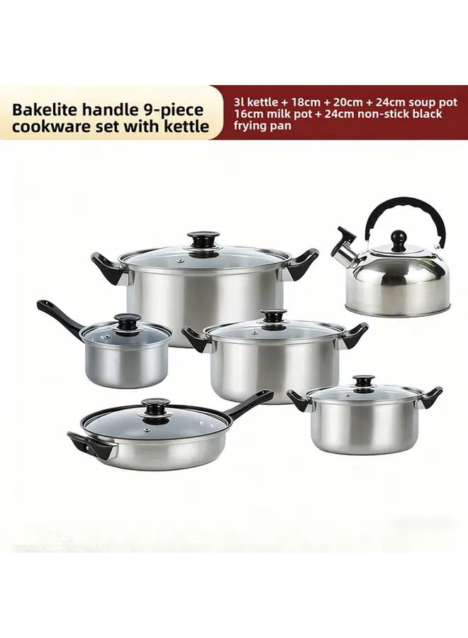 6 Piece Stainless Nonstick Cookware Set With Wood Grain Handle And Kettle For Induction - Image 4