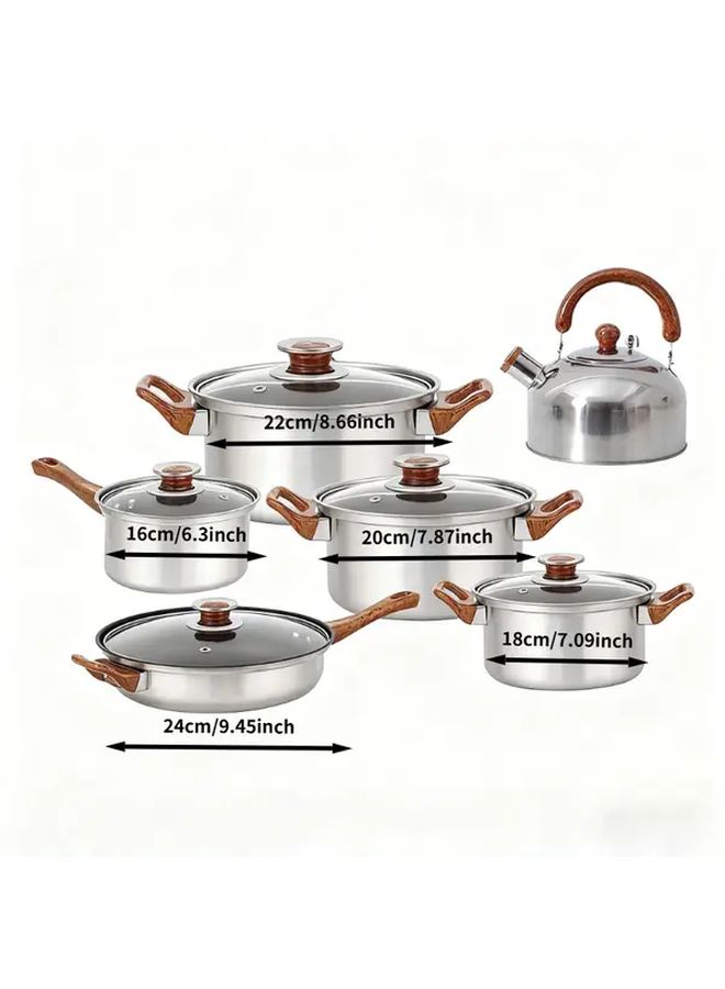 6 Piece Stainless Nonstick Cookware Set With Wood Grain Handle And Kettle For Induction - Image 3