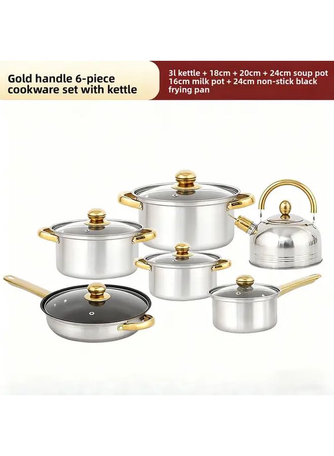 6 Piece Stainless Nonstick Cookware Set With Wood Grain Handle And Kettle For Induction - Image 5